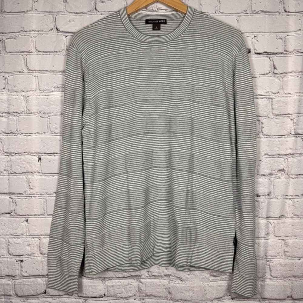 Michael Kors Mens L Grey White Striped Cotton Knit Crewneck Sweater